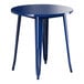 A blue metal Lancaster Table & Seating outdoor table with silver legs.