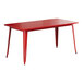 A red rectangular Lancaster Table & Seating outdoor table with metal legs.