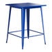 A blue metal Lancaster Table & Seating bar height table with a square top and legs.
