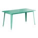 A Lancaster Table & Seating aquamarine table with metal legs.