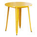 A Lancaster Table & Seating citrine yellow table with metal legs and a round top.