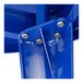 A close-up of a blue metal piece with screws.