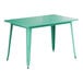 A Lancaster Table & Seating outdoor table with an aquamarine top and metal legs.