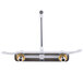 A silver metal Equip by T&S deck-mounted workboard faucet with gold wrist handles.