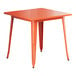 A Lancaster Table & Seating Alloy Series amber orange square table with metal legs.