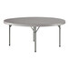 A large round gray folding table with metal legs.