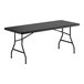 A rectangular black heavy-duty blow molded plastic folding table with black metal legs.