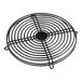 A black metal circular fan cage with a grid of holes.