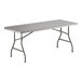 A rectangular gray heavy-duty plastic folding table with gray metal legs.