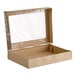A Kraft cardboard donut box with a clear window on top.
