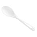 A World Centric TPLA spoon refill sleeve with white plastic spoons with a hole in the handle.