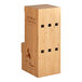 A World Centric wooden touchless cutlery dispenser with towers and holes.