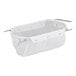 A white plastic Fryclone oil filter bag holder frame with metal handles holding a white mesh filter bag.
