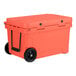 A large orange CaterGator outdoor cooler with black wheels.