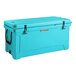 A sky blue CaterGator outdoor cooler with black handles and text.