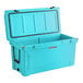 A CaterGator sky blue outdoor cooler with a lid open.