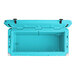 A CaterGator sky blue outdoor cooler with the lid open.