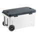 A white CaterGator outdoor cooler with black lid and wheels.