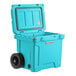 A sky blue CaterGator outdoor cooler with wheels.