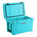 A CaterGator sky blue cooler with a lid open.