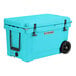 A CaterGator sky blue outdoor cooler with black handles and wheels.
