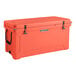 A coral CaterGator outdoor cooler with black handles.