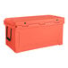 A red CaterGator outdoor cooler with a lid and black handles.