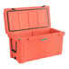 An orange CaterGator outdoor cooler with a lid open.