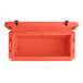 An orange CaterGator outdoor cooler with the lid open.