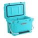 A sky blue CaterGator outdoor cooler with a handle.
