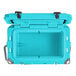A CaterGator sky blue outdoor cooler with the lid open.