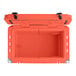 An orange CaterGator outdoor cooler with a black lid.