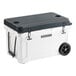 A white CaterGator outdoor cooler with black wheels and lid.