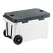A white and black CaterGator outdoor cooler with wheels.