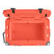 An orange CaterGator outdoor cooler with the lid open.