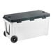 A white CaterGator outdoor cooler with black wheels.