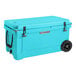 A sky blue CaterGator outdoor cooler with wheels and black handles.