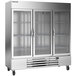 A silver Beverage-Air reach-in freezer with glass doors.