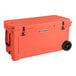 A large orange CaterGator outdoor cooler with wheels.