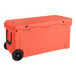 A large orange CaterGator outdoor cooler with wheels.