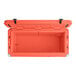 An orange CaterGator outdoor cooler with the lid open.