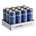 A cardboard box filled with 12 blue cans of La Colombe Black Cold Brew Coffee.
