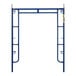 A blue Metaltech scaffolding walk-thru arch frame with three metal bars and gravity-locks.