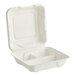 A white Fabri-Kal hinged container with three compartments.