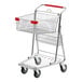 A Regency chrome shopping cart with one basket on wheels.
