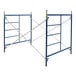 A blue Metaltech scaffolding frame with white metal bars.