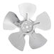 A circular silver fan blade with many holes.