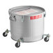 A silver enameled steel MirOil grease bucket with wheels.