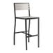 A black outdoor barstool with a gray faux teak slat seat and backrest.