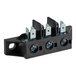 A black Noble Warewashing terminal block with three metal screws.